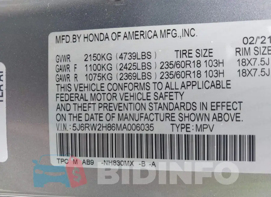5J6RW2H86MA006035 Photo# 9