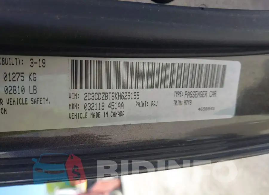 2C3CDZBT6KH629195 Photo# 9
