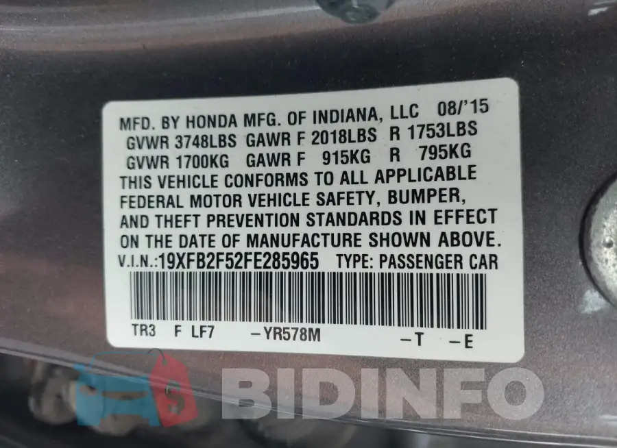 19XFB2F52FE285965 Photo# 9