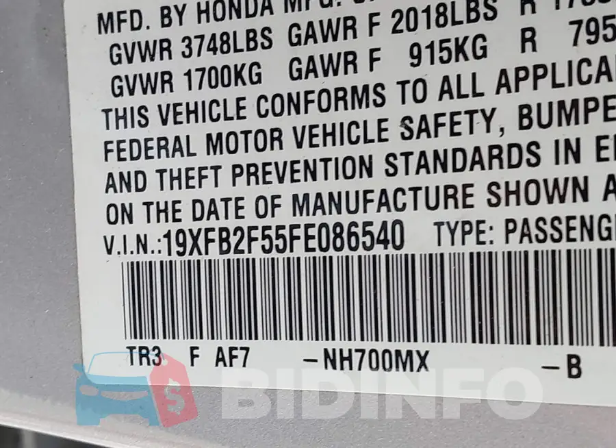19XFB2F55FE086540 Photo# 9