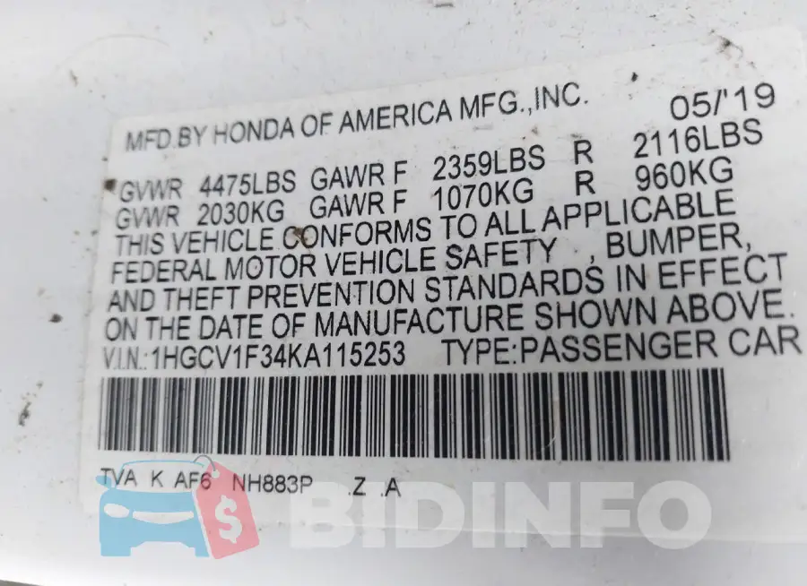 1HGCV1F34KA115253 Photo# 9