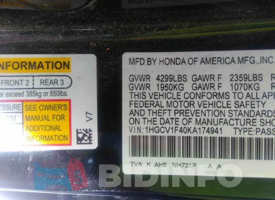 1HGCV1F40KA174941 Photo# 9