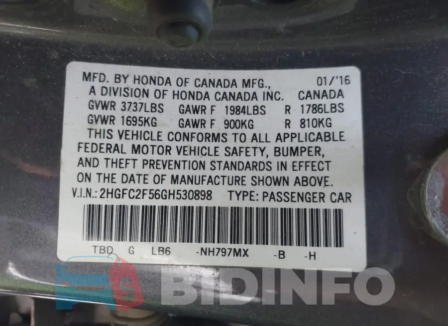 2HGFC2F56GH530898 Photo# 9