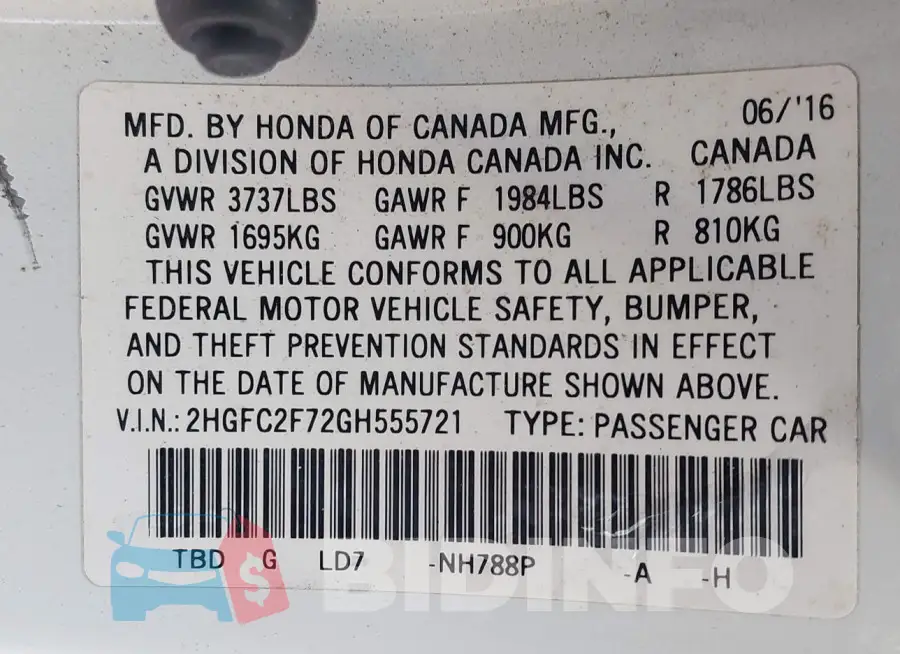 2HGFC2F72GH555721 Photo# 9
