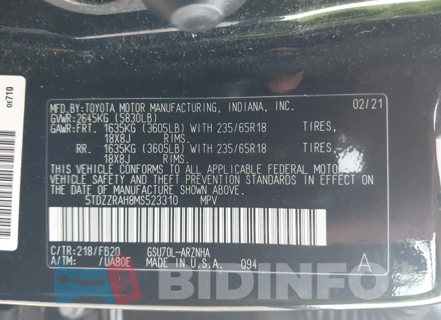 5TDZZRAH8MS523310 Photo# 9