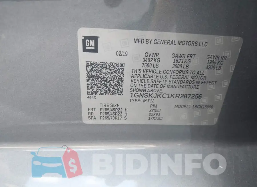 1GNSKJKC1KR287256 Photo# 9