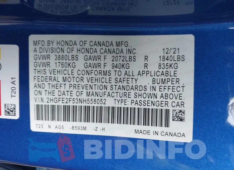 2HGFE2F53NH558052 Photo# 9
