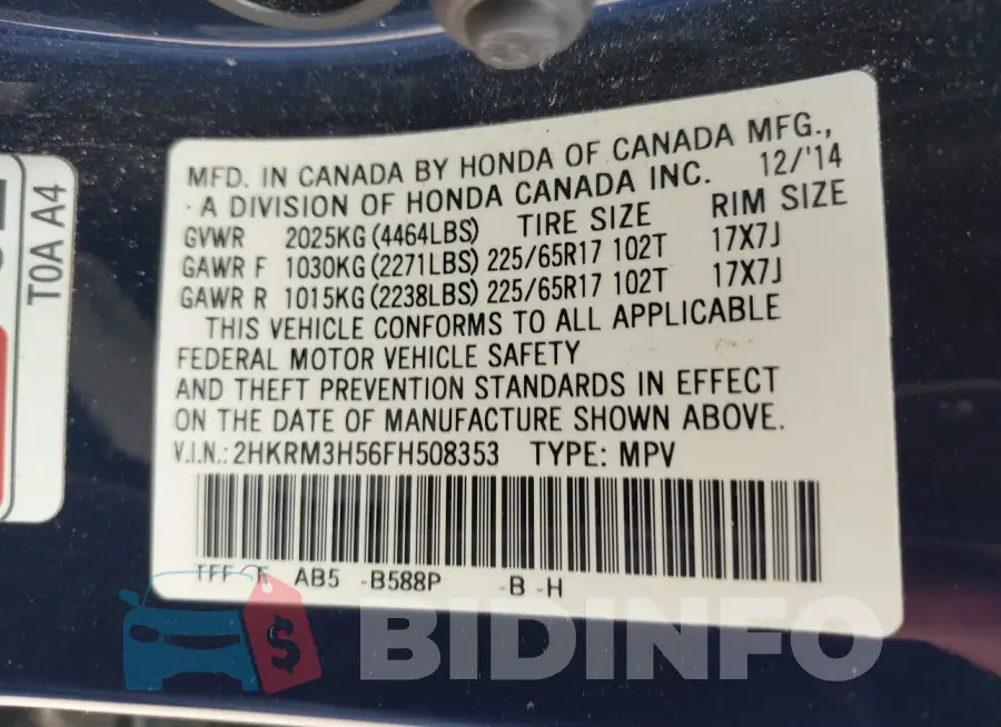 2HKRM3H56FH508353 Photo# 9