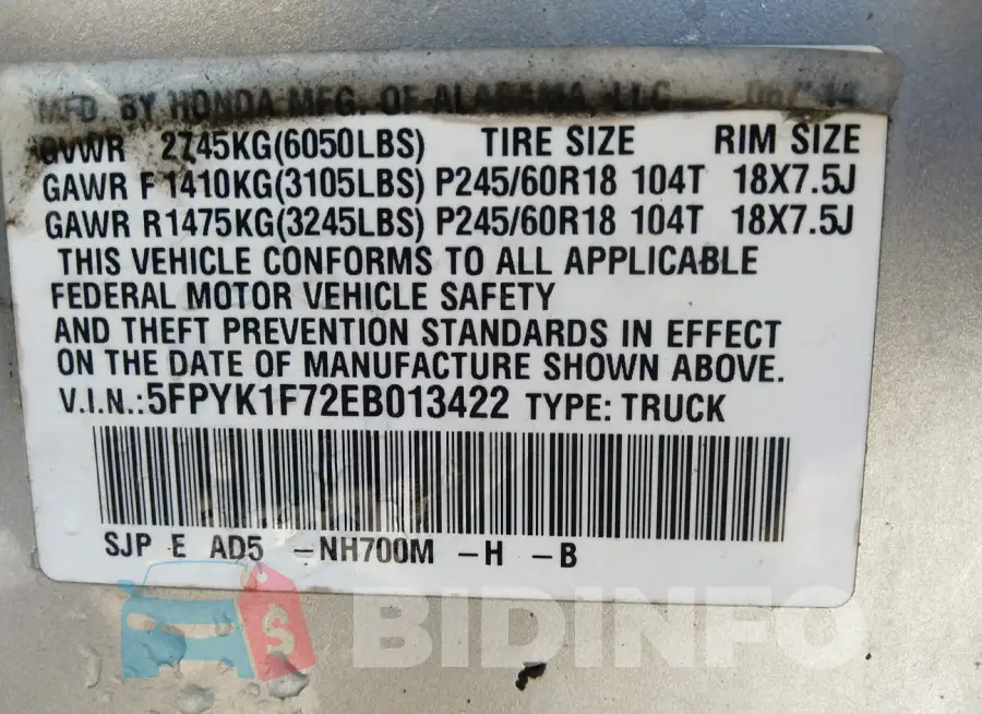 5FPYK1F72EB013422 Photo# 9