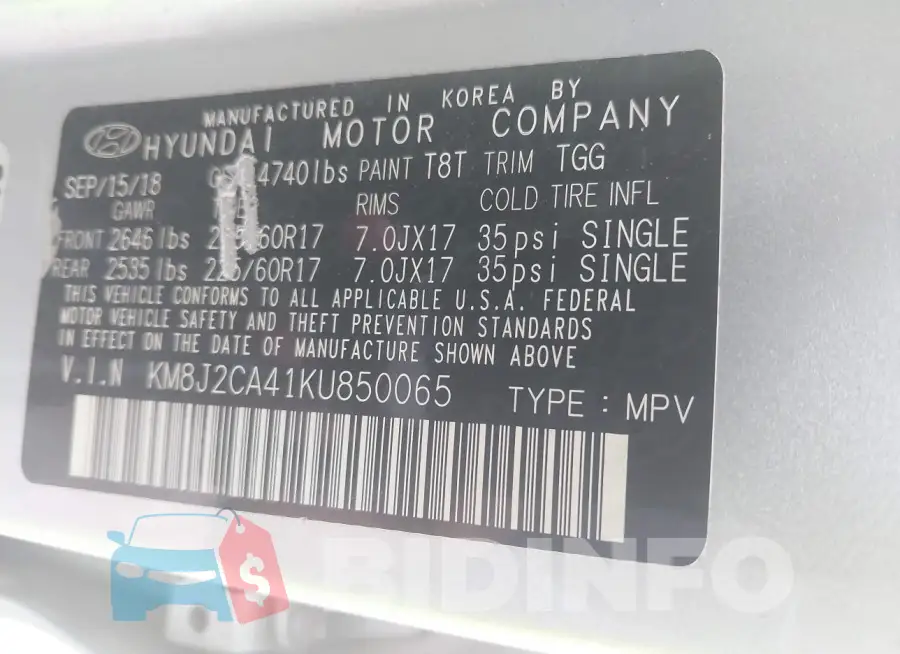 KM8J2CA41KU850065 Photo# 9