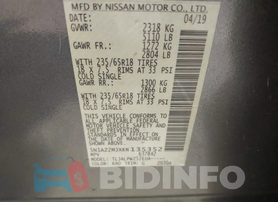 5N1AZ2MJXKN135352 Photo# 9