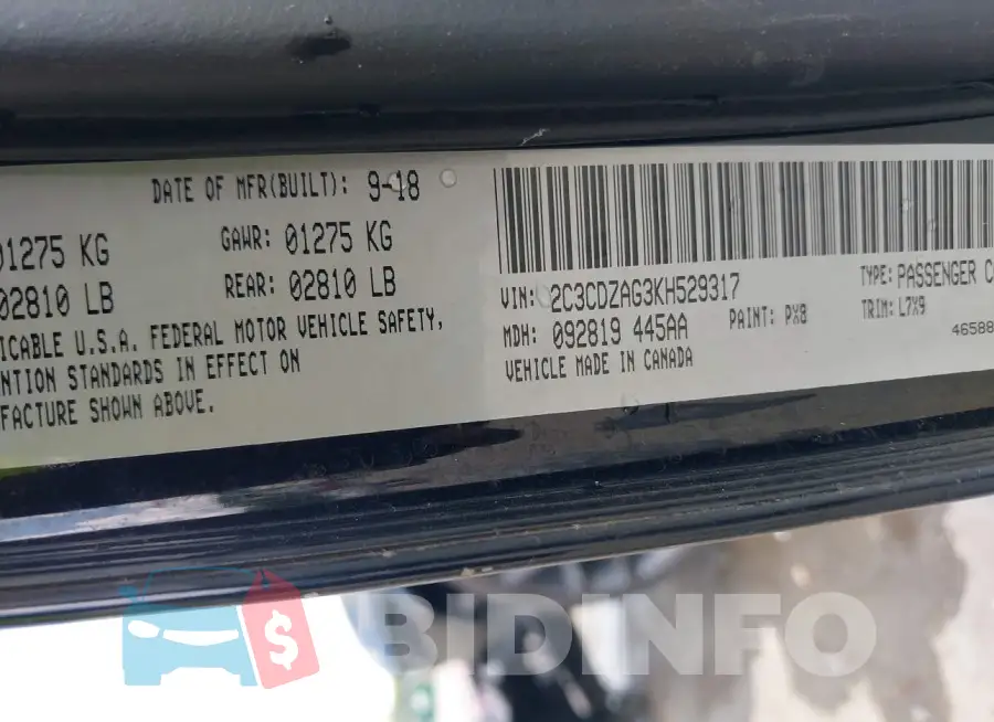 2C3CDZAG3KH529317 Photo# 9