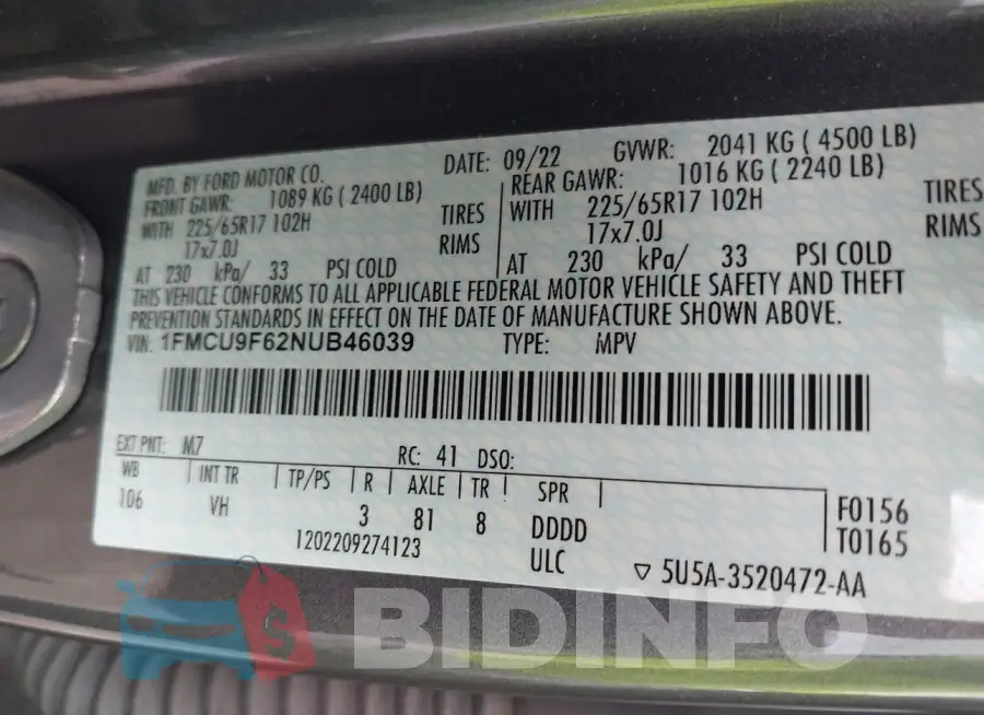 1FMCU9F62NUB46039 Photo# 9
