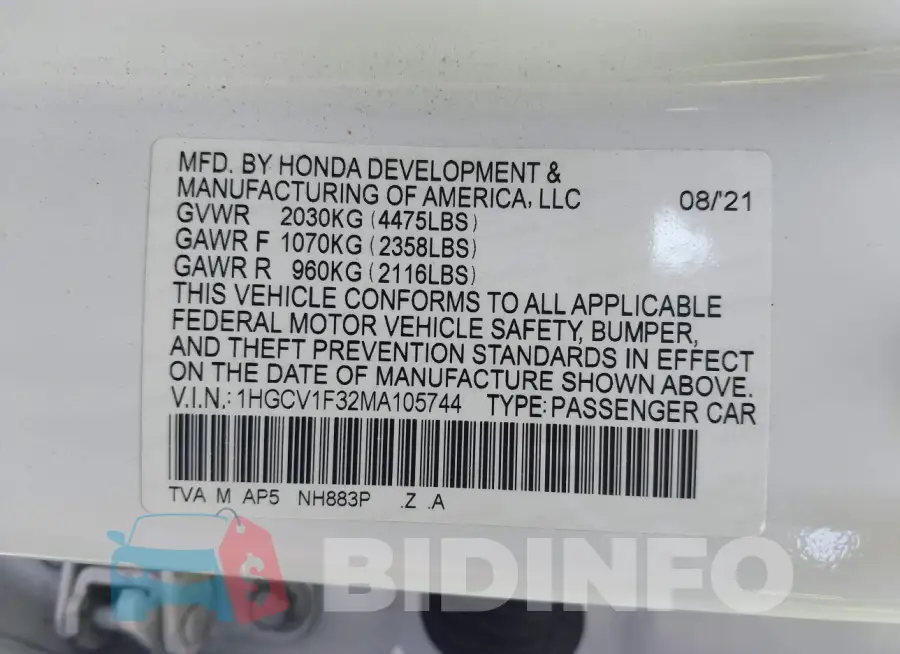 1HGCV1F32MA105744 Photo# 9