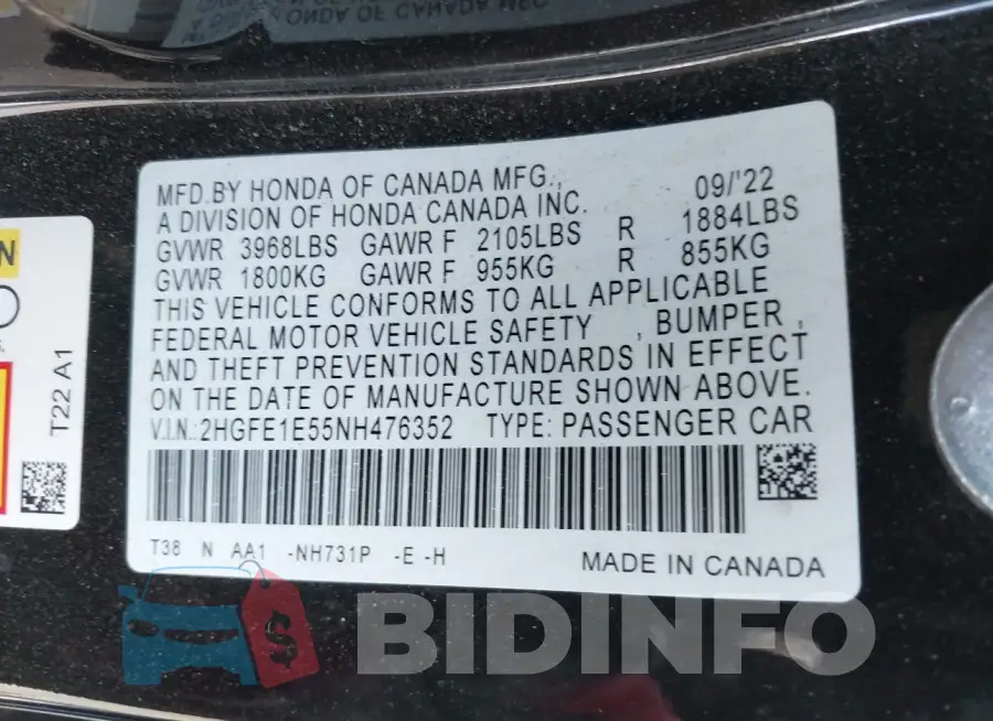 2HGFE1E55NH476352 Photo# 9
