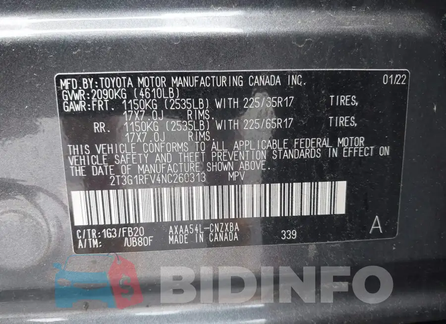 2T3G1RFV4NC260313 Photo# 9