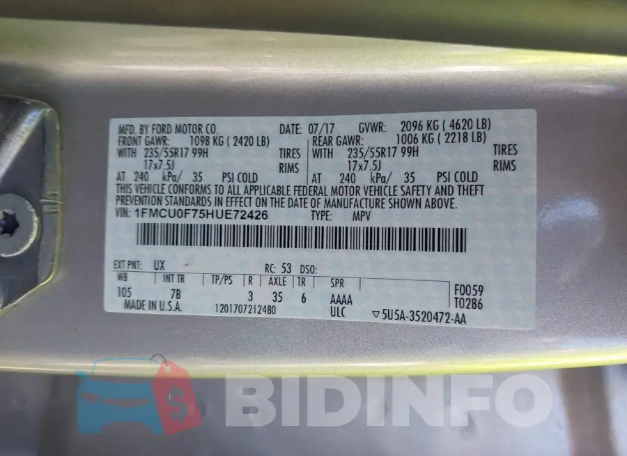 1FMCU0F75HUE72426 Photo# 9