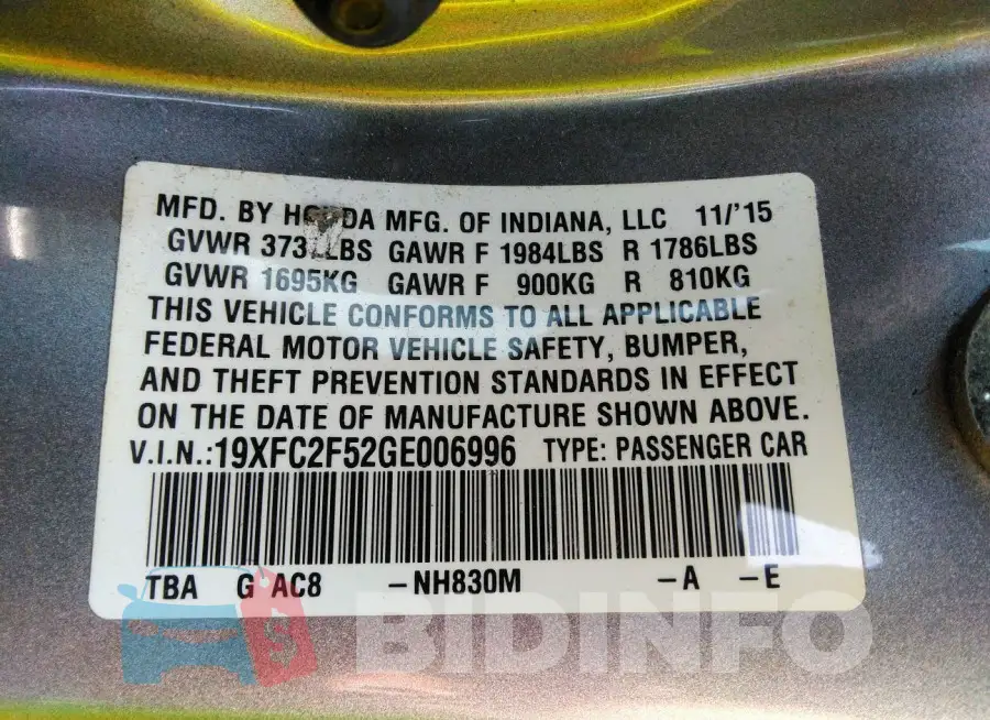 19XFC2F52GE006996 Photo# 9