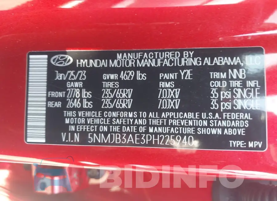 5NMJB3AE3PH225940 Photo# 9