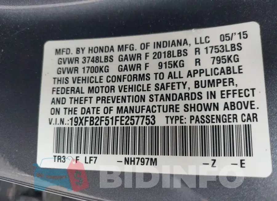 19XFB2F51FE257753 Photo# 9