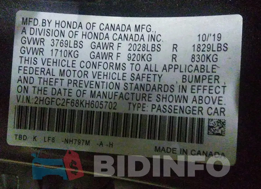 2HGFC2F68KH605702 Photo# 9