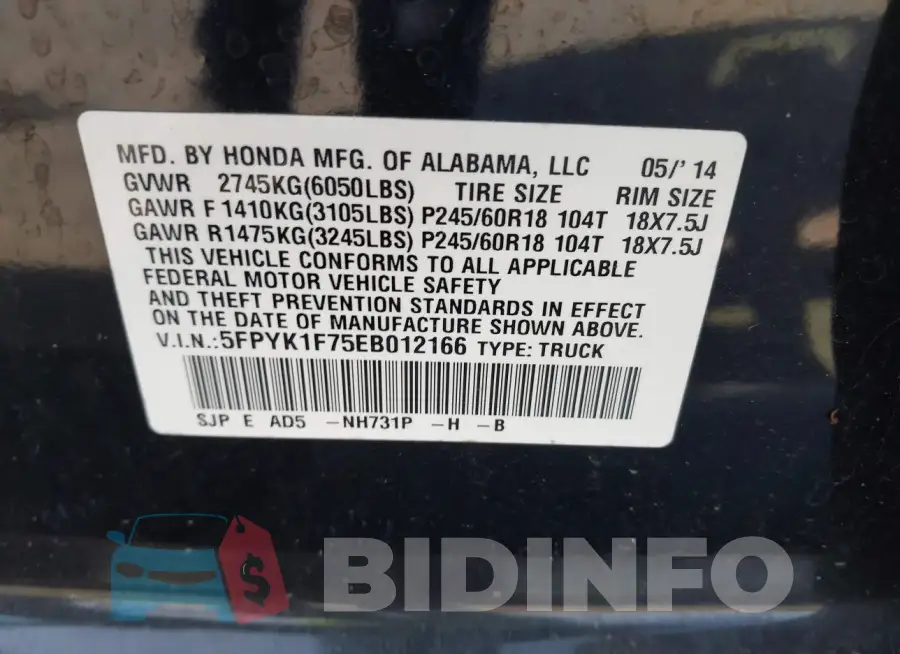 5FPYK1F75EB012166 Photo# 9