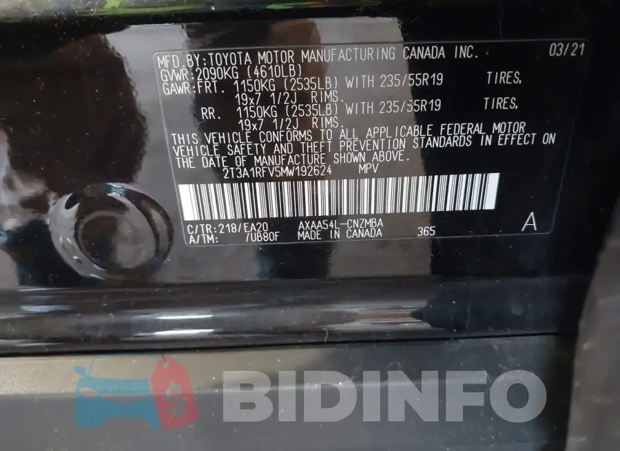 2T3A1RFV5MW192624 Photo# 9