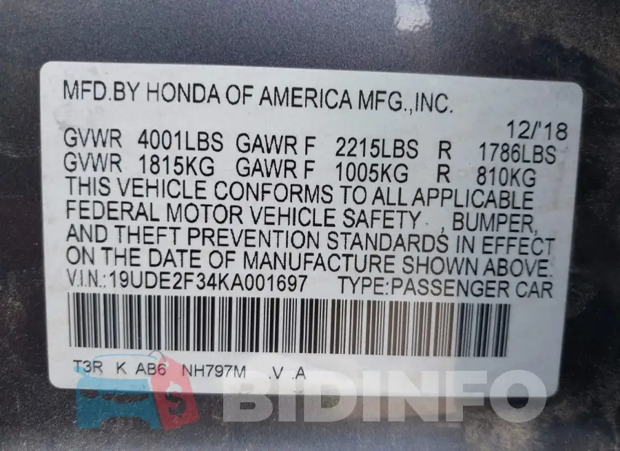 19UDE2F34KA001697 Photo# 9
