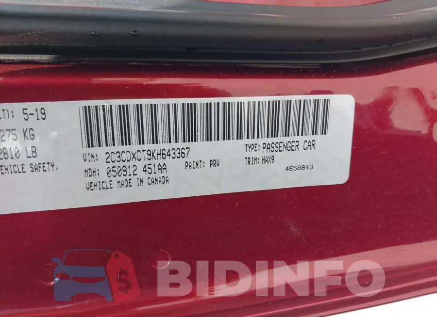 2C3CDXCT9KH643367 Photo# 9