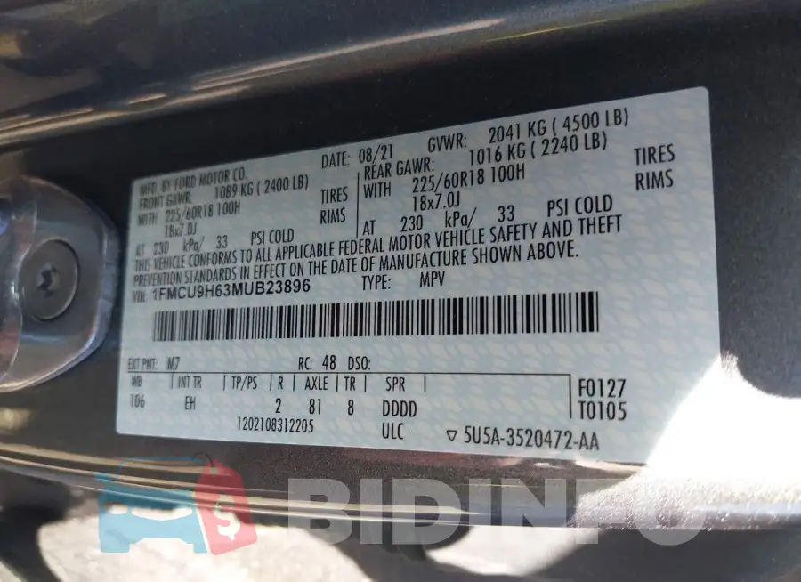 1FMCU9H63MUB23896 Photo# 9
