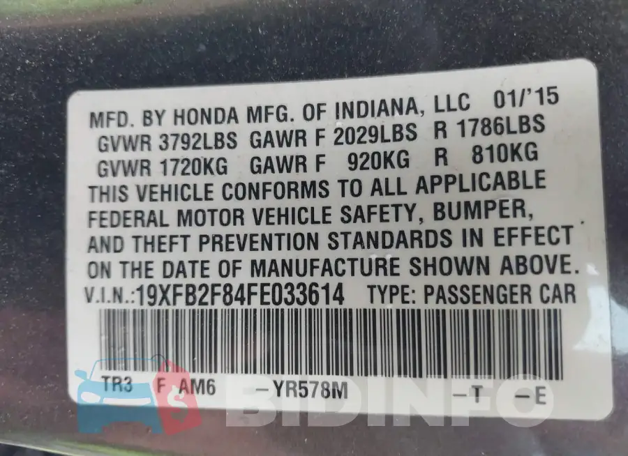 19XFB2F84FE033614 Photo# 9