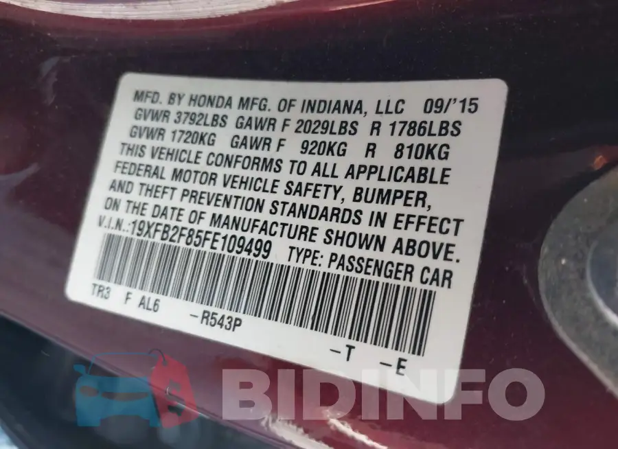 19XFB2F85FE109499 Photo# 9
