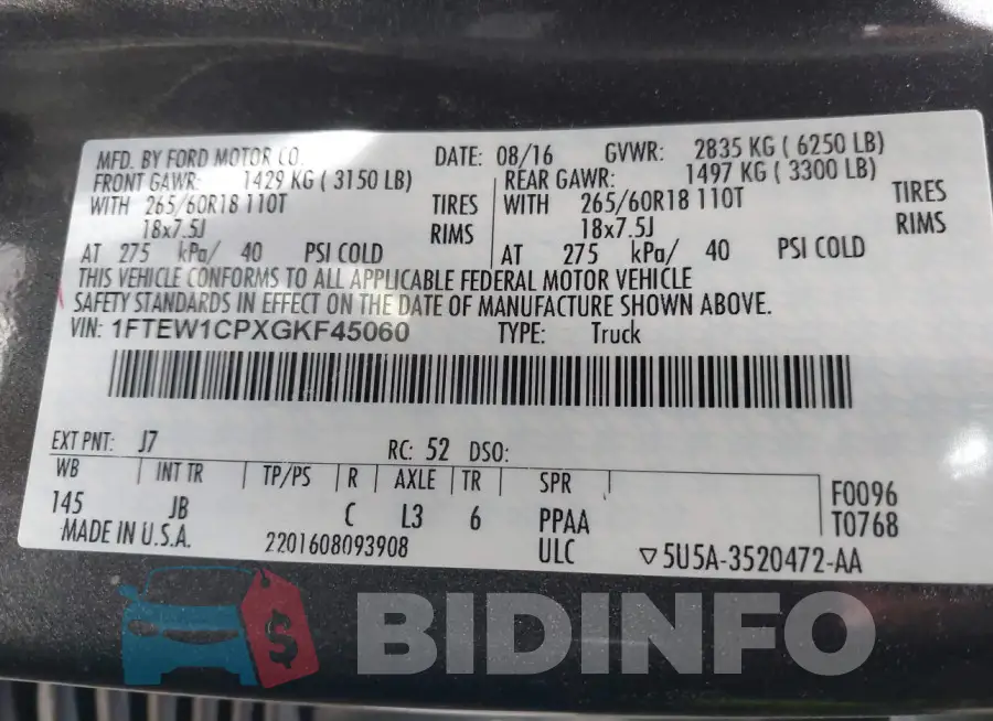 1FTEW1CPXGKF45060 Photo# 9
