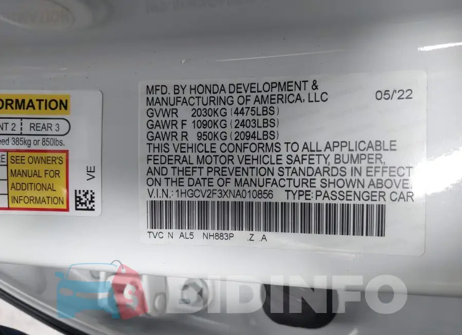 1HGCV2F3XNA010856 Photo# 9