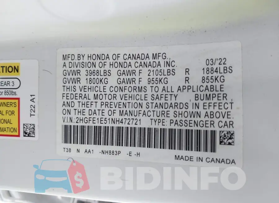2HGFE1E51NH472721 Photo# 9