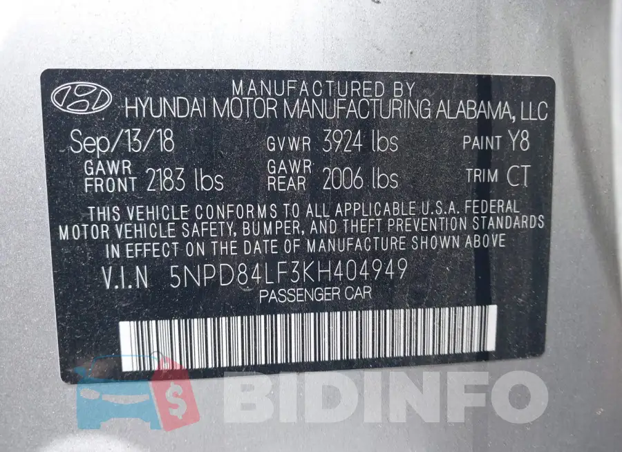 5NPD84LF3KH404949 Photo# 9