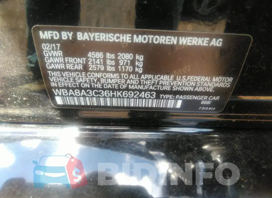 WBA8A3C36HK692463 Photo# 9