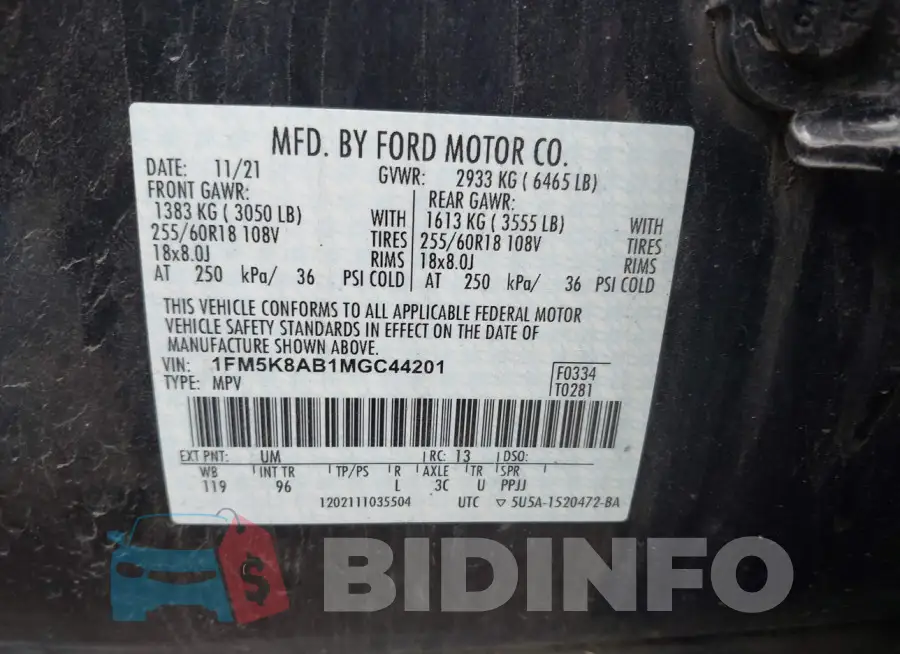 1FM5K8AB1MGC44201 Photo# 9
