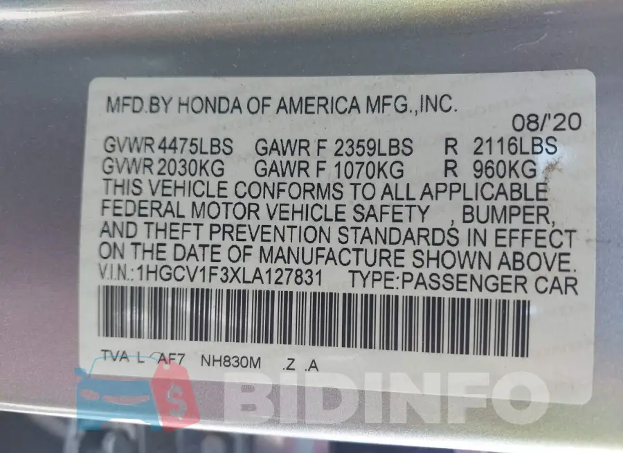 1HGCV1F3XLA127831 Photo# 9