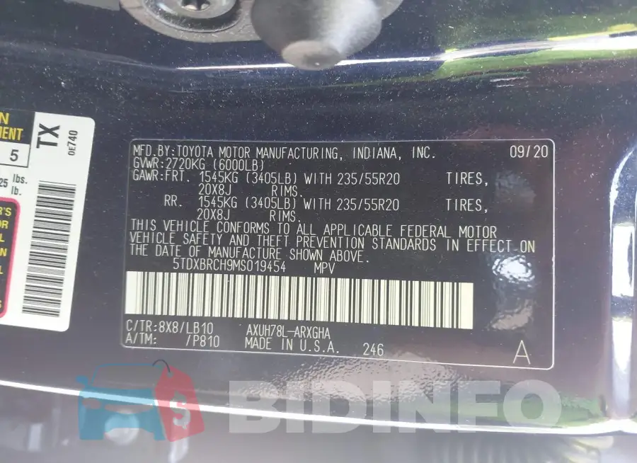 5TDXBRCH9MS019454 Photo# 9