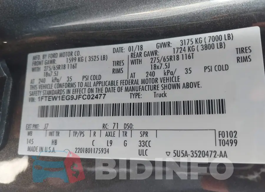 1FTEW1EG9JFC02477 Photo# 9