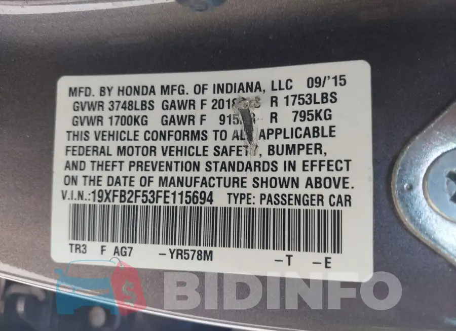 19XFB2F53FE115694 Photo# 9