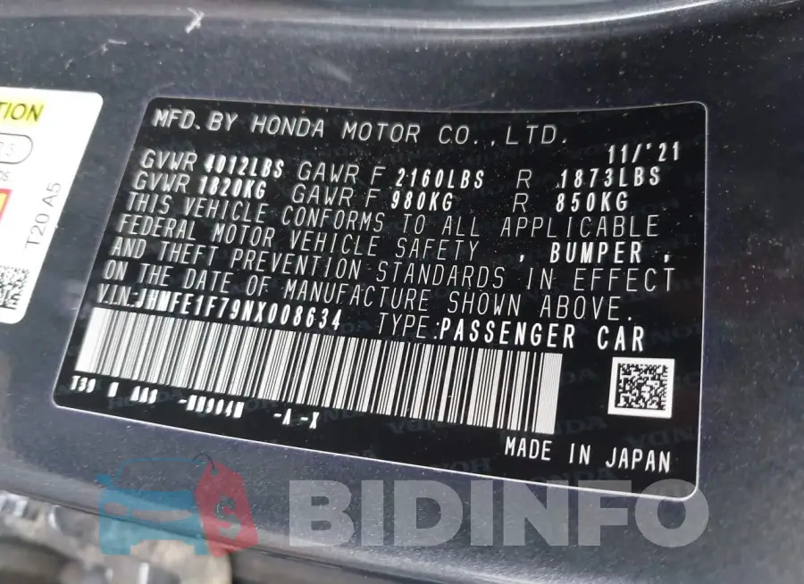 JHMFE1F79NX008634 Photo# 9