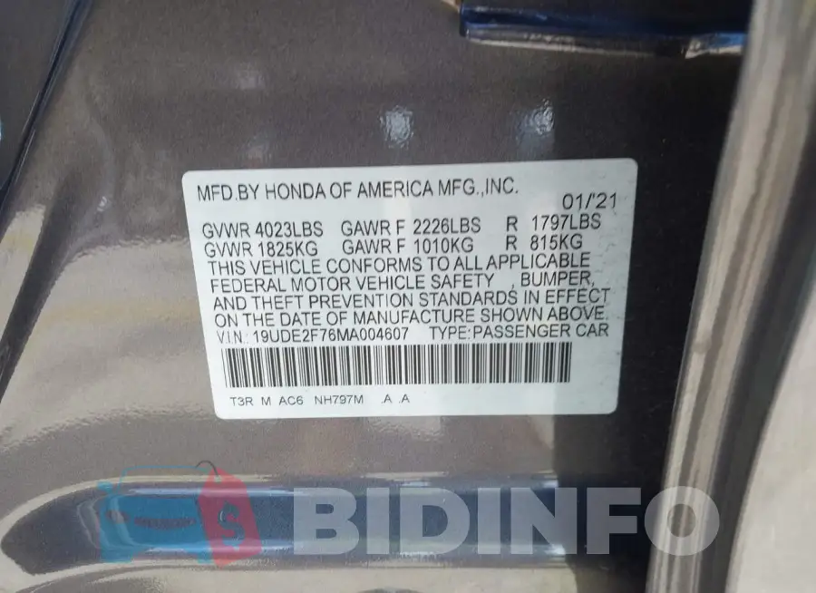 19UDE2F76MA004607 Photo# 9