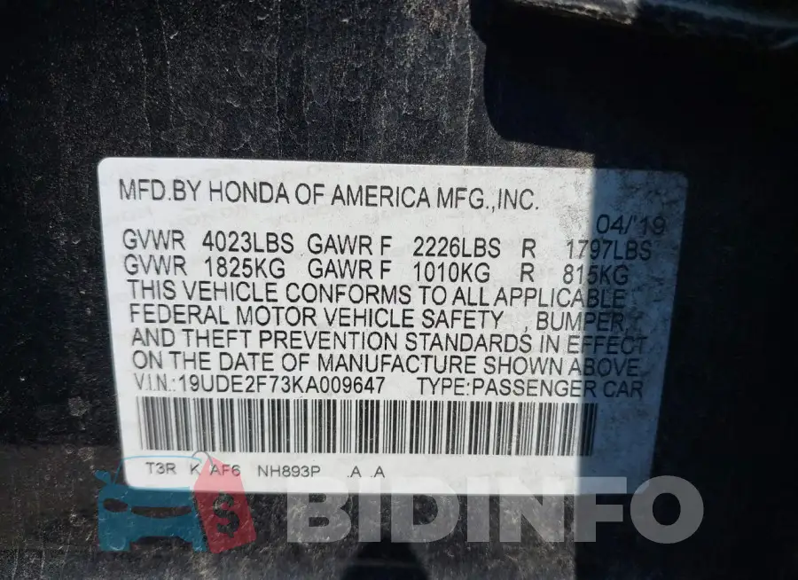 19UDE2F73KA009647 Photo# 9