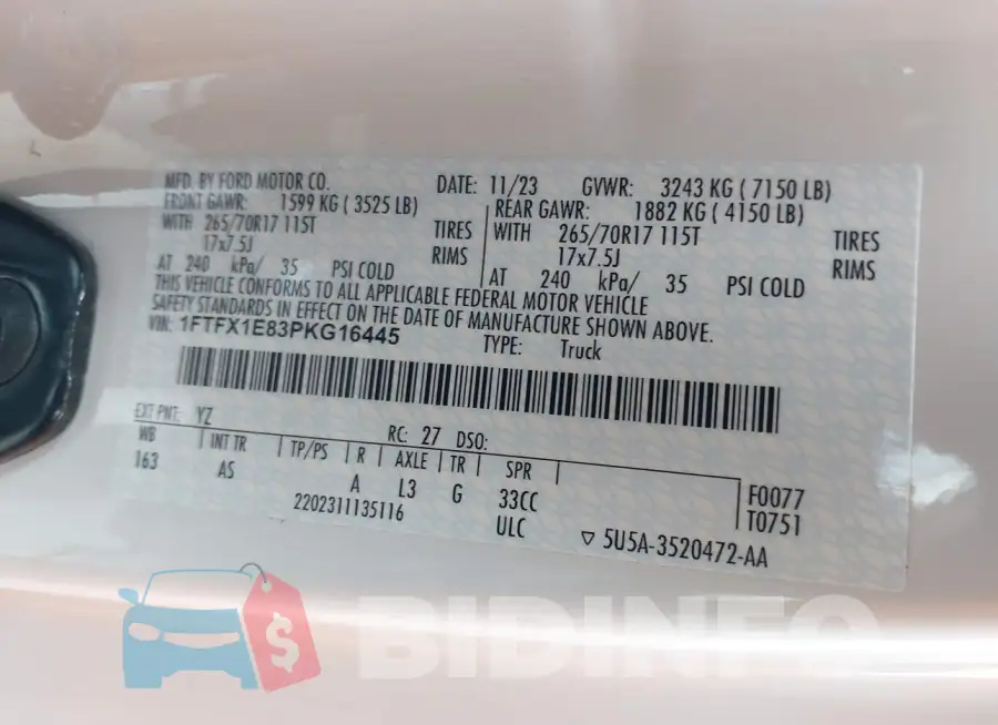 1FTFX1E83PKG16445 Photo# 9