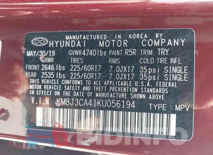 KM8J3CA41KU056194 Photo# 9