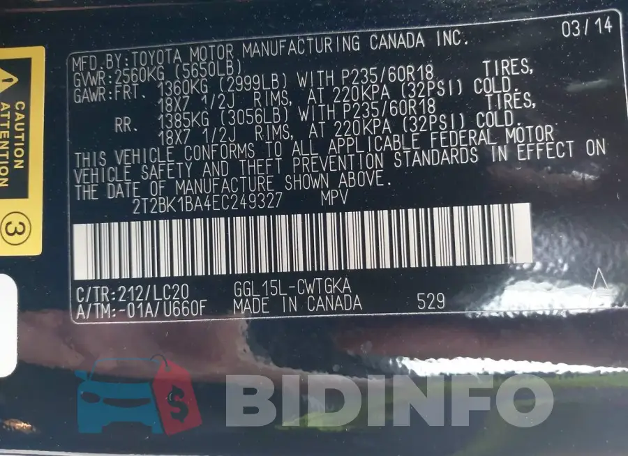 2T2BK1BA4EC249327 Photo# 9