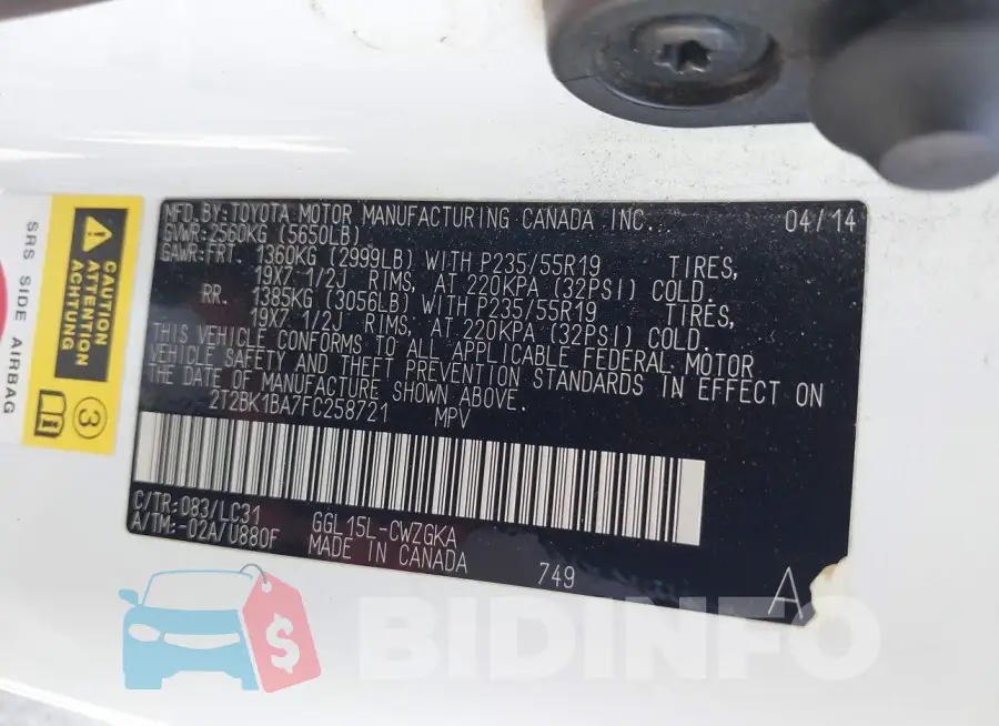 2T2BK1BA7FC258721 Photo# 9