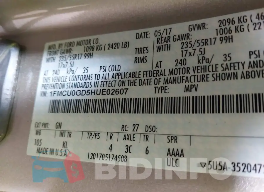 1FMCU0GD5HUE02607 Photo# 9